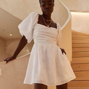 DISSH SARA WHITE LINEN PUFF SLEEVE DRESS